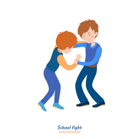 Boys fighting in school. Normal situation from childhood. College fight. Violence policy. Teenager behavior concept. Editable vector illustration in flat cartoon style isolated on white backgroundのイラスト素材