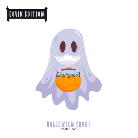 Halloween covid goast. Funny character in a face mask. Party decoration. Coronavirus holiday celebration. Editable vector illustration in flat cartoon style isolated on white backgroundのイラスト素材