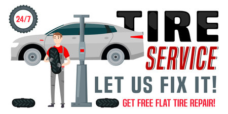 Wheels and tyre fitting service bannerのイラスト素材