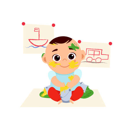 Baby boy and paintsのイラスト素材