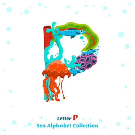 Unique character made from fish, seaweed, corals, sea inhabitantsのイラスト素材