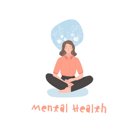 Young woman peacefully sitting in lotus position on the floor.のイラスト素材