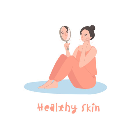 Young woman looking at herself in mirror sitting on a floor.のイラスト素材