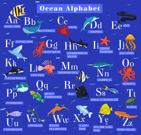 Sea animals alphabet. ABC for children. Learning letters and nature.のイラスト素材