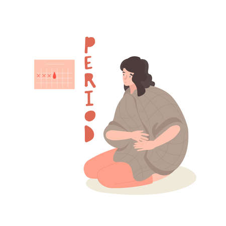 Young woman sitting in a blanket on the floor. PMS, regular periods concept.のイラスト素材