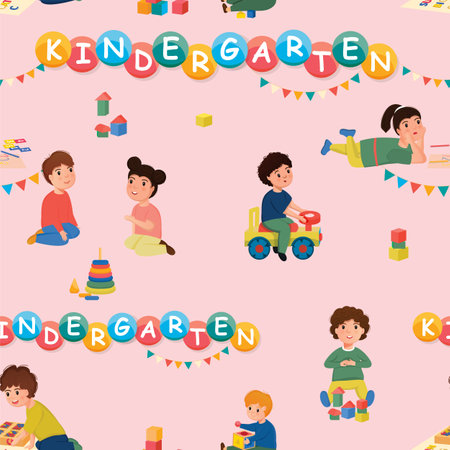 Children playing in a kindergarten. Seamless pattern.のイラスト素材