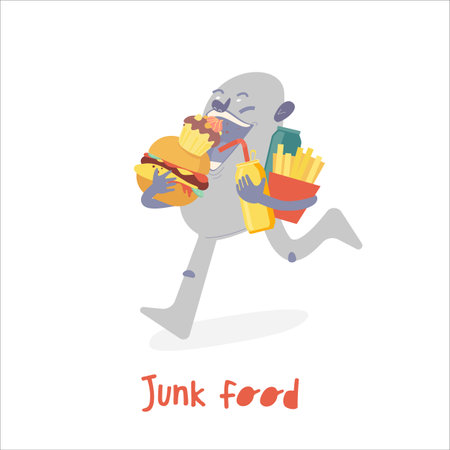 Junk food character eating too much. Harm to health conceptのイラスト素材