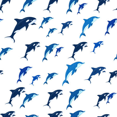 Marine life seamless pattern. Dolphins and killer whales.のイラスト素材