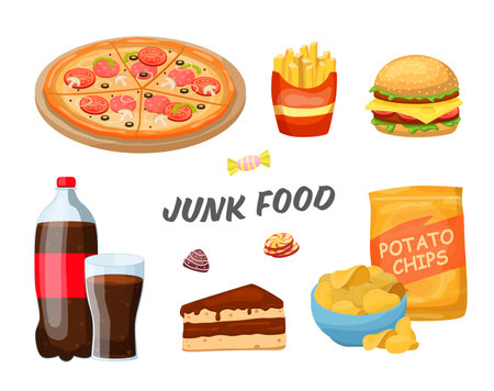 Fast foods set, vector illustration. Junk food design elements isolated on white. Unhealthy nutrition, fat eatingのイラスト素材