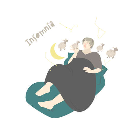 Insomnia. Male character suffer sleep disorder, vector illustration of sleepless personのイラスト素材