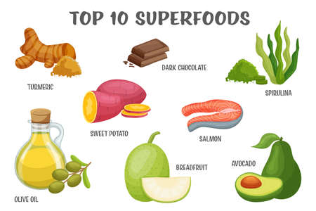 Superfoods icon set. Healthy natural dietary super foods with vitamins for wellness. Packaging advertising designのイラスト素材