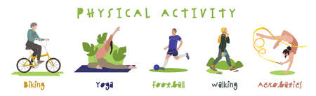 Physical activity set. People training, vector illustration for sport apps. Healthy lifestyle, active workout, wellnessのイラスト素材