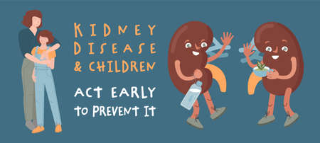 Children and kidney diseases poster for prevention of kidneys disorders. Vector illustration for healthcare appsのイラスト素材