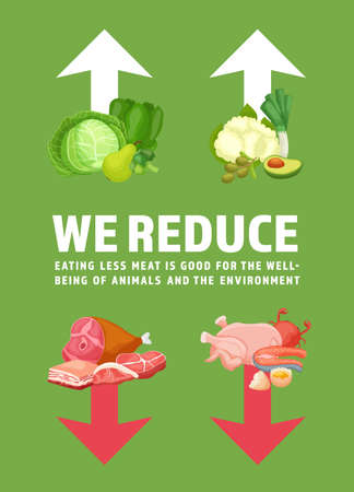 Reduce animal products consumption. Eat less meat for wellness, wellbeing animal, environment. Vector illustrationのイラスト素材