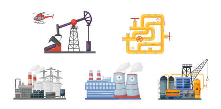 Smokestack industry collection. Petrochemicals, oil extraction and refiningのイラスト素材