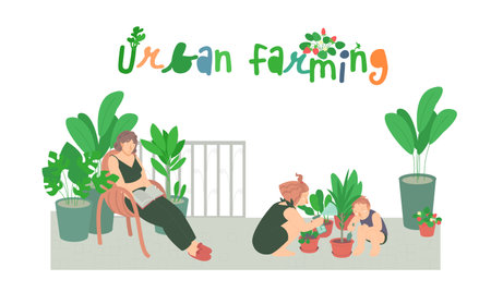 Happy farming, gardening. Watering plants, planting flowers, working in garden.のイラスト素材