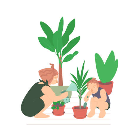 Happy farming, gardening. Watering plants, planting flowers, working in garden.のイラスト素材