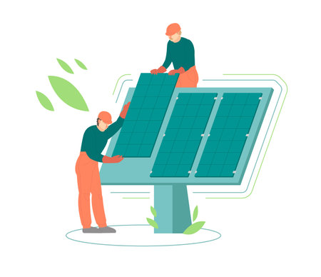 Voltaic system installation. Technicians installing solar batteries.のイラスト素材