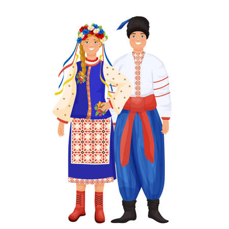 Ukrainian man and woman in traditional clothes. Editable vector illustrationのイラスト素材