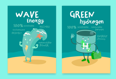 Wave and hydrogen energy posters with funny creative character.sのイラスト素材