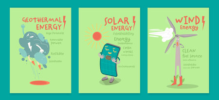 Clean energy vertical posters set with funny creative characters.のイラスト素材