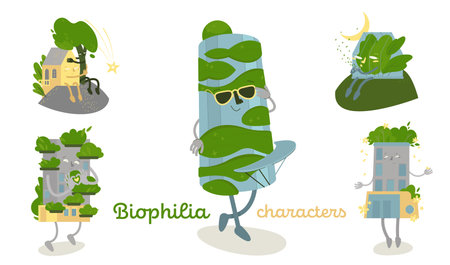 Biophlia set with funny characters. Ecological biophilic concept.のイラスト素材