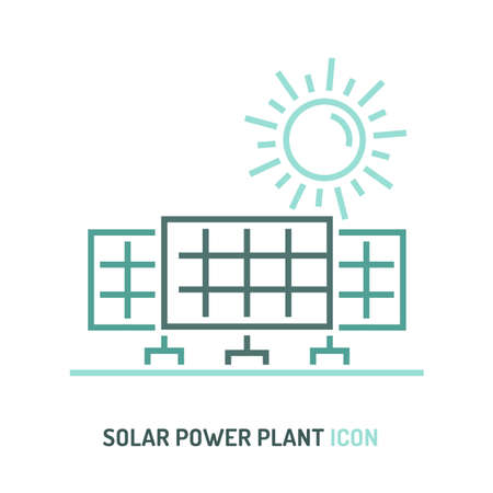 Solar power plant. Vector illustration in outline styleのイラスト素材