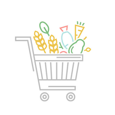 Grocery shopping cart with different products. Vector illustrationのイラスト素材
