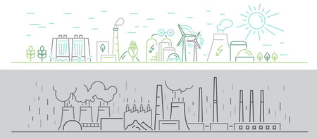 Green power production in comparison with polluting energy. Editable vector illustration.のイラスト素材