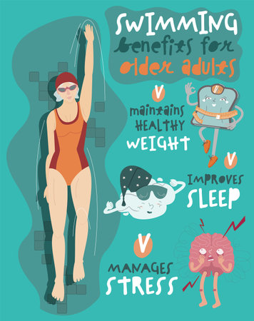 Swimming for seniors. Health benefits. Vector illustrationのイラスト素材
