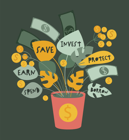 Financial tree in flowerpot. Editable vector illustrationのイラスト素材
