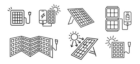 Portable solar panel icons collection. Editable vector illustrationのイラスト素材