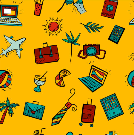 Bleisure seamless pattern. Travel, work and relax at the same time.のイラスト素材