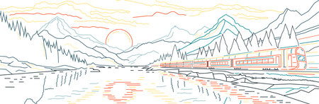 Travel by train. Editable illustration in a thin line style.のイラスト素材