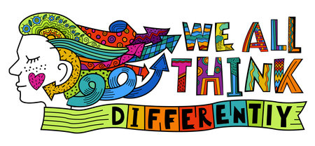 We all think differently. Creative hand-drawn lettering in a pop art style.のイラスト素材