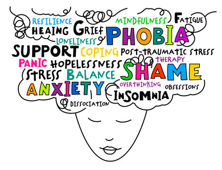 Colorful typography design with words related to mental health challenges.