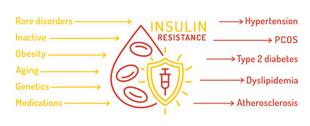 Insulin resistance causes and effects banner. Glucose metabolism disorder infographics.のイラスト素材