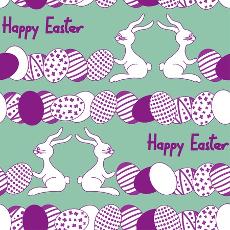 Seamless pattern with cartoon easter rabbit, eggs and text happy easterのイラスト素材