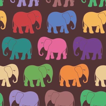 Seamless pattern with colorful cartoon elephant on brown backgroundのイラスト素材