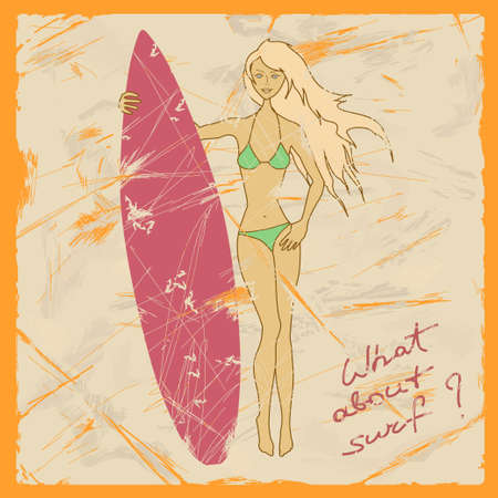 Illustration of beautiful girl with surfboard on a retro backgroundのイラスト素材