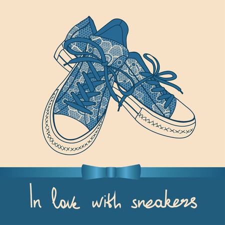 Background of lace pair of sneakers with text in love with sneakersのイラスト素材