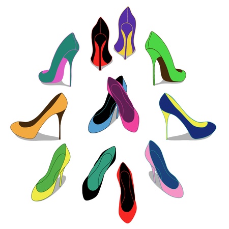 Isolated colorful fashion women shoes in a different perspectiveのイラスト素材