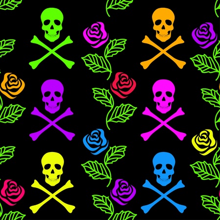 Colorful seamless pattern of roses and skulls on a black backgroundのイラスト素材