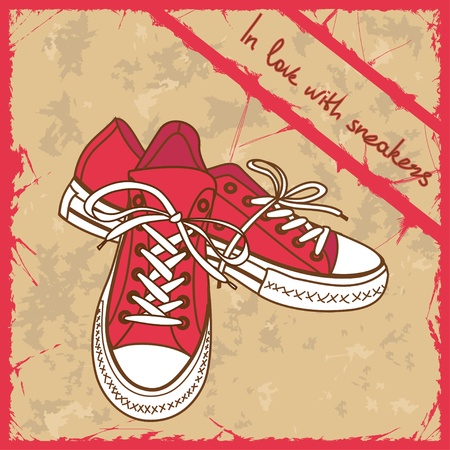 Pair of sneakers on a retro background with text in love with sneakersのイラスト素材