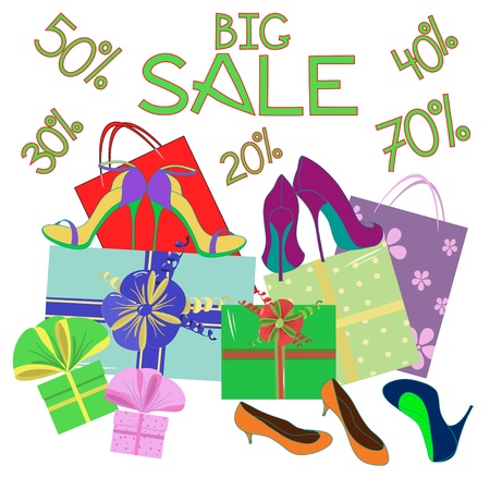 Big sale background of shoes and colorful gift wrapのイラスト素材