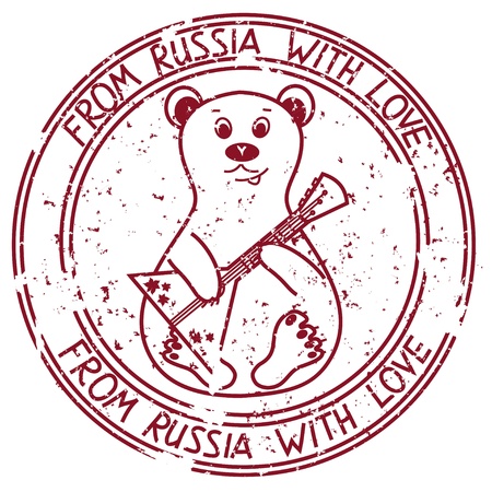 Vintage stamp with bear playing on Russian balalaikaのイラスト素材