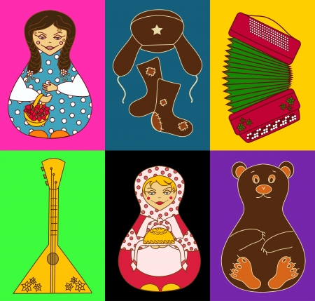 Set of stylized russian icons on a bright colorful backgroundのイラスト素材