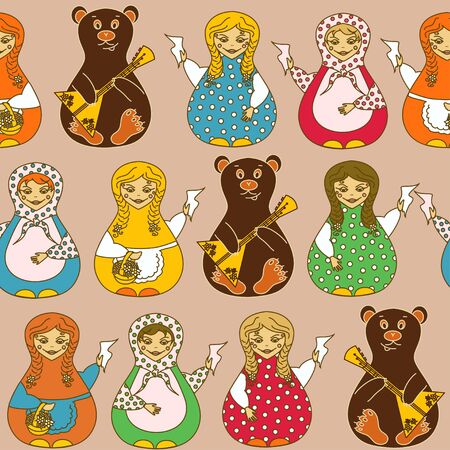 Seamless pattern of Russian dolls matrioshka and bearsのイラスト素材