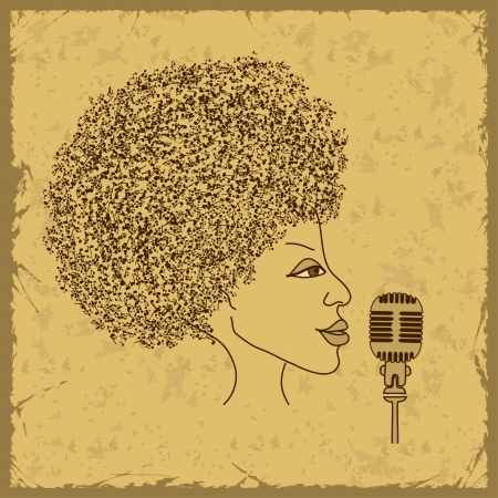 Woman face silhouette in profile with musical notes hair on a vintage backgroundのイラスト素材