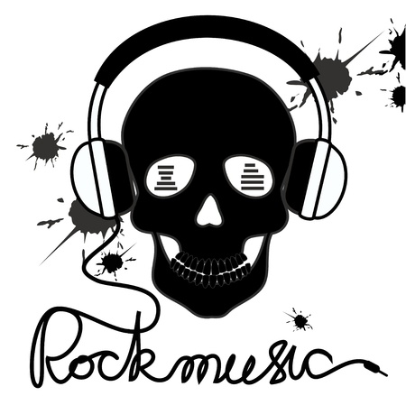 Illustration with skull and headphones and text rockmusicのイラスト素材
